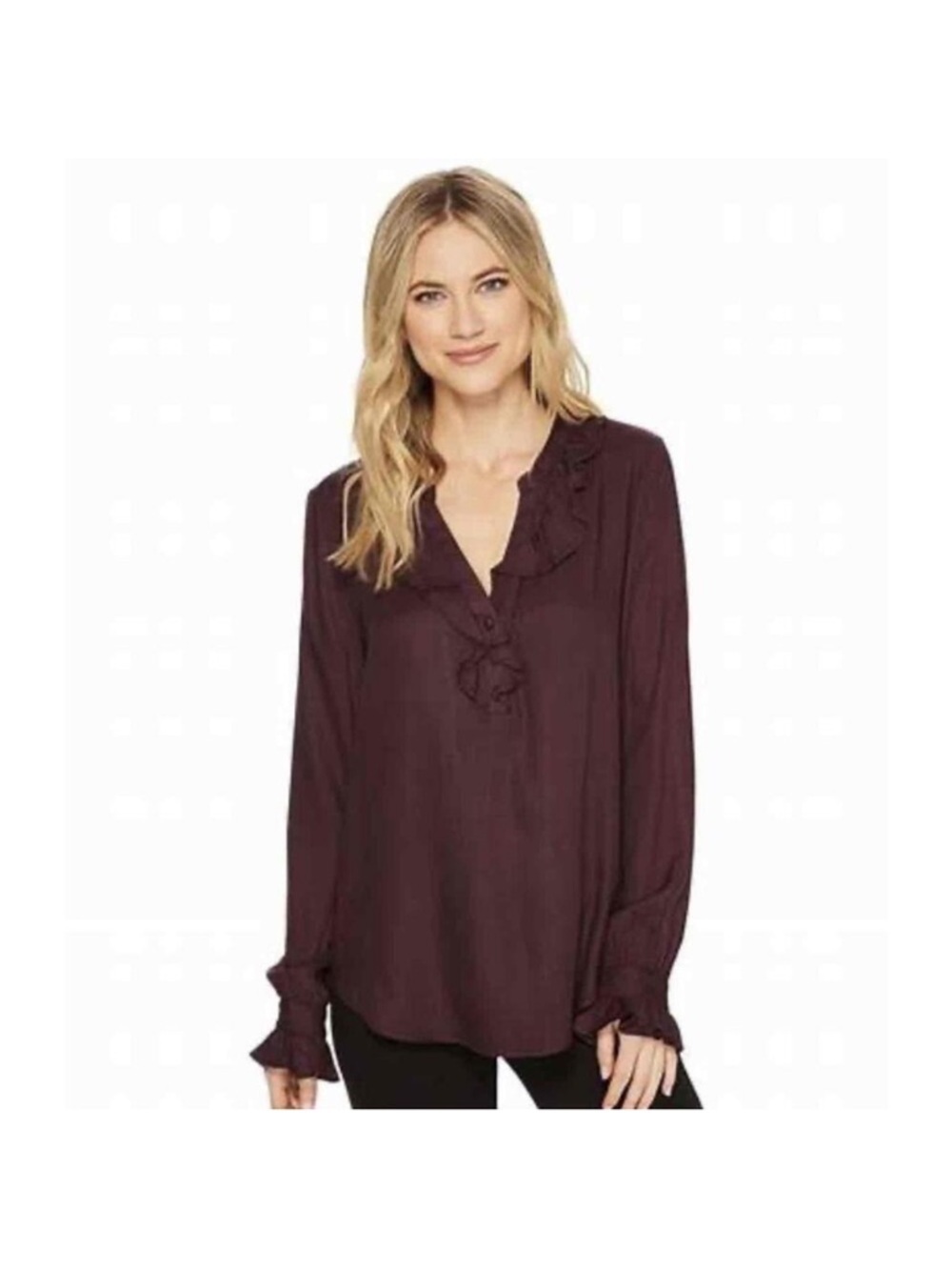 PAIGE Houndstooth Check Burgundy Ruffle V-Neck Long Sleeve Blouse sz XL